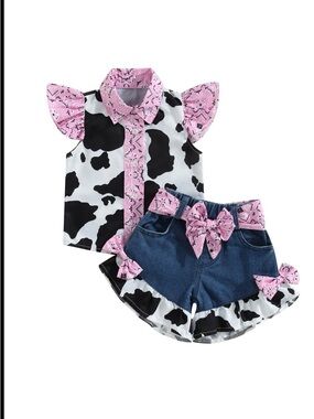 Pink Cowprint Ruffle Kids Matching Set - Top & Denim Shorts